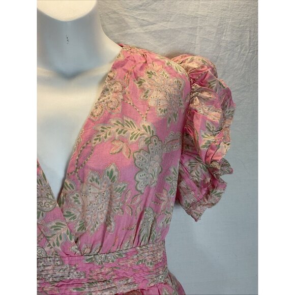 Olivaceous Dress size M Floral Tiered Cottage linen pink flounce flutter sleeve - Picture 4 of 13